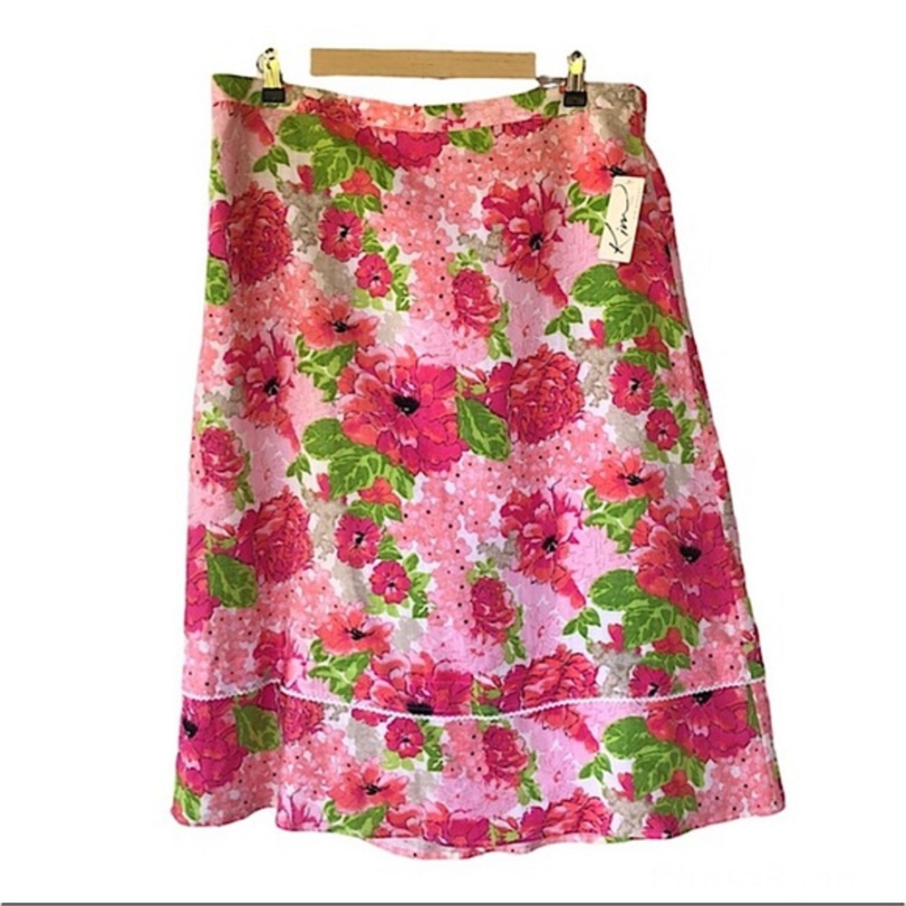 Kim Rogers Linen Pink Floral Back Elastic Waist Pull On Cottagecore Skirt PXL